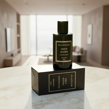 Glaceair Zesty Haven perfume bottle with packaging and botanical elements on a white background